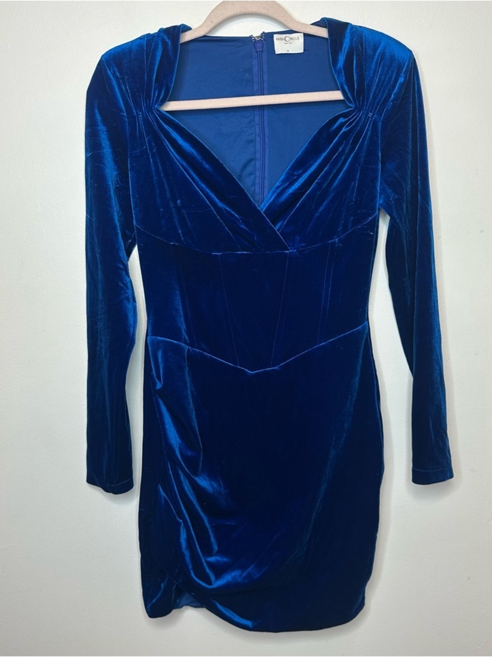 Miss Circle Women’s Blue Velvet Long Sleeve Deep Neck Dress Size M Medium